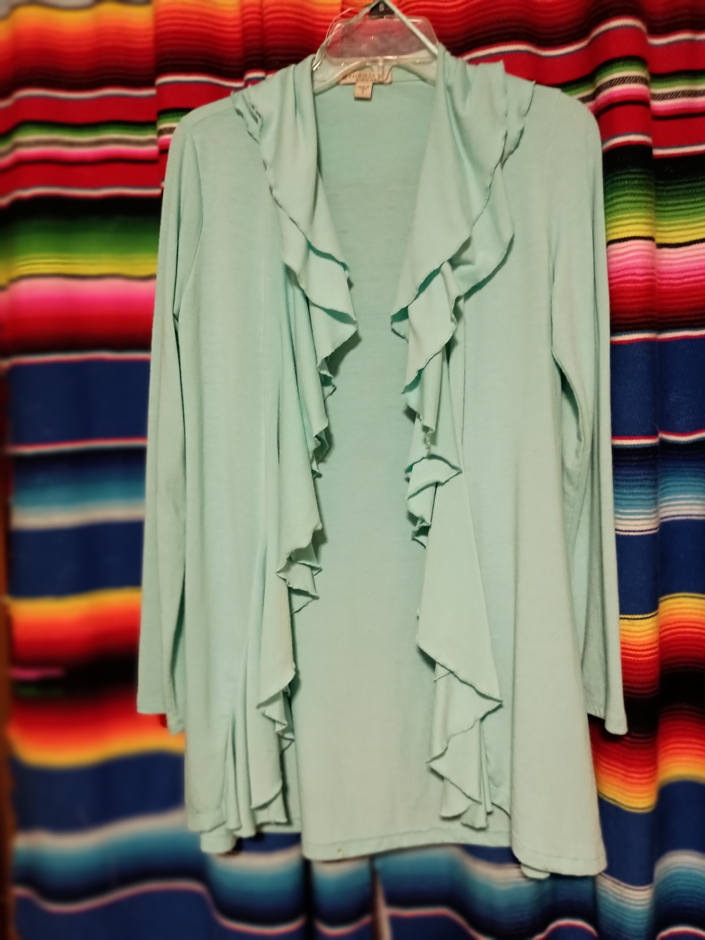 Anthropology Long-Sleeve Ruffle Open-Front Sweater in Mint